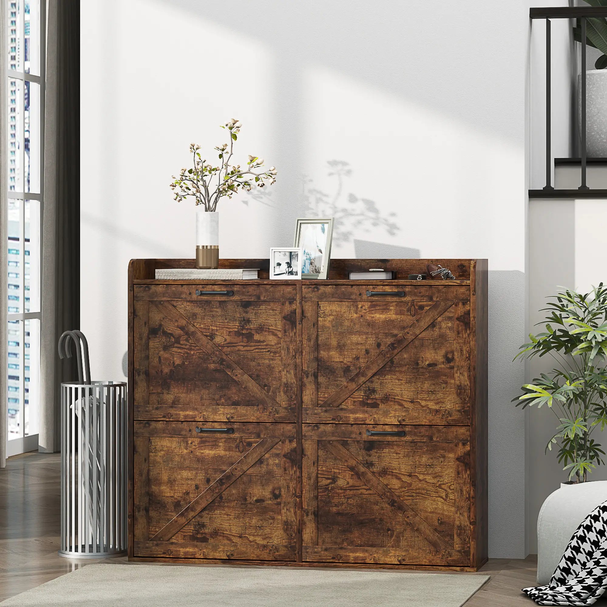 Narrow Shoe Storage Cabinet, 4 Flip Drawers, Adjustable Shelves, 16 Pair, Rustic Brown Shoe Storage Cabinets & Racks at Gallery Canada