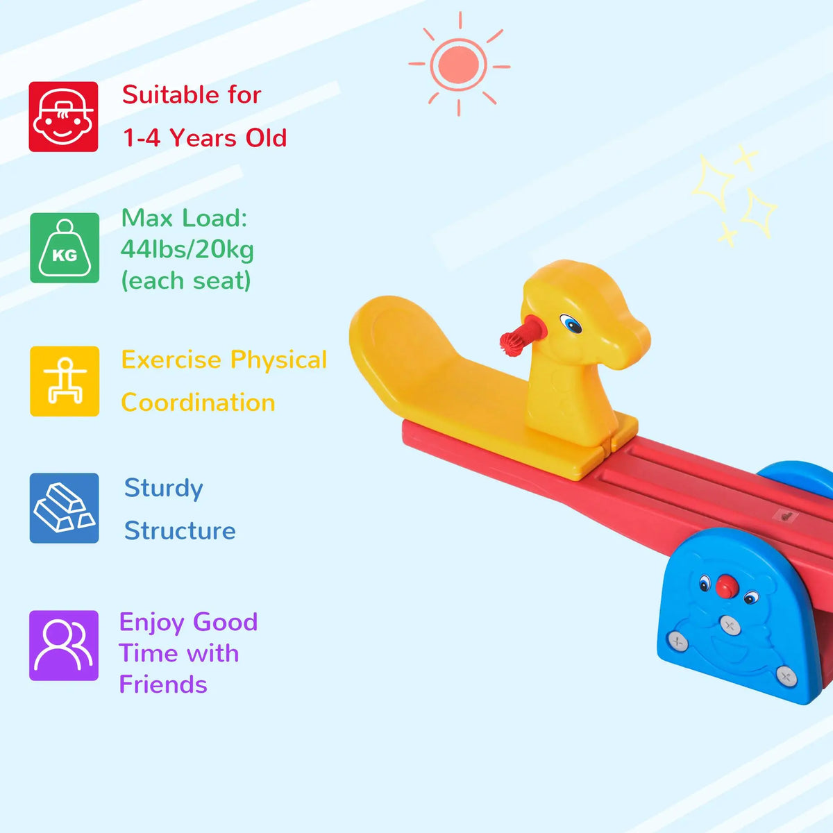Kids Seesaw, 2 Seats with Easy-Grip Handles, Indoor Outdoor, 12-48 Months, Multicolor Gym Sets & Swings at Gallery Canada