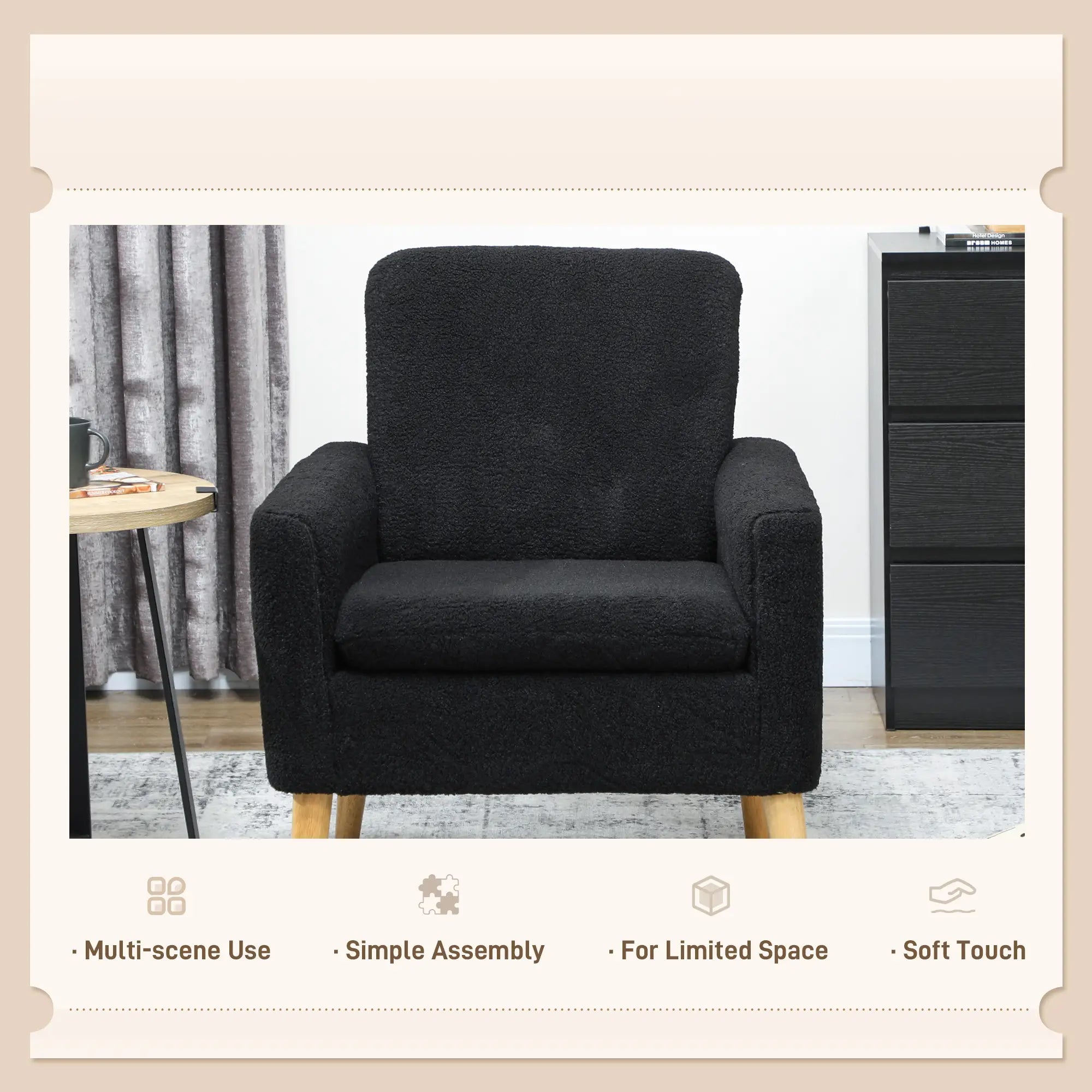 Modern Fabric Accent Chair, Upholstered Armchair with Wood Legs, Black Accent Chairs at Gallery Canada