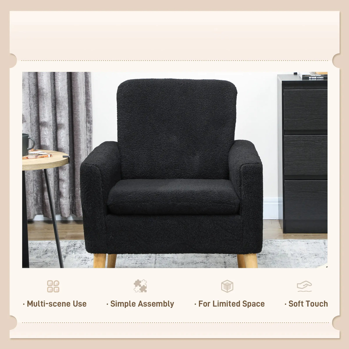 Modern Fabric Accent Chair, Upholstered Armchair with Wood Legs, Black Accent Chairs at Gallery Canada