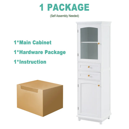 Bathroom Storage Cabinet, Glass Doors, Adjustable Shelves, 18" L x 14" W x 63" H, White Bathroom Cabinets at Gallery Canada