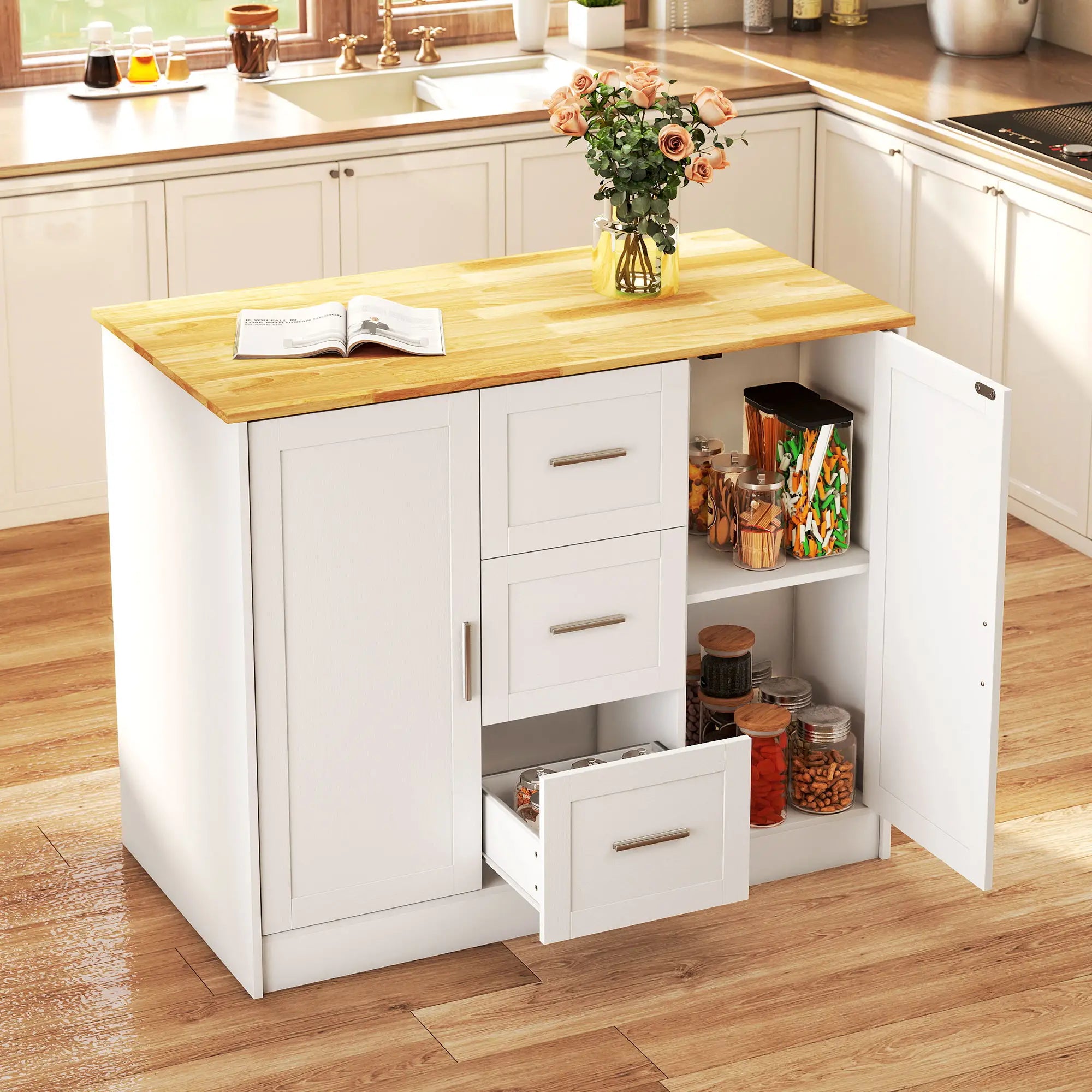 Kitchen Island with Storage, 3 Drawers, 2 Shelves, White Kitchen Islands & Kitchen Carts at Gallery Canada