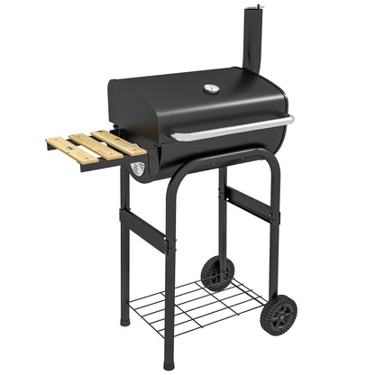 Charcoal BBQ Grill With Thermometer, Shelves, Wheels, Black