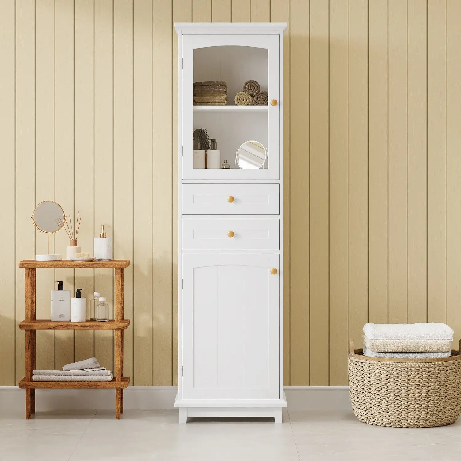 Bathroom Storage Cabinet, Glass Doors, Adjustable Shelves, 18