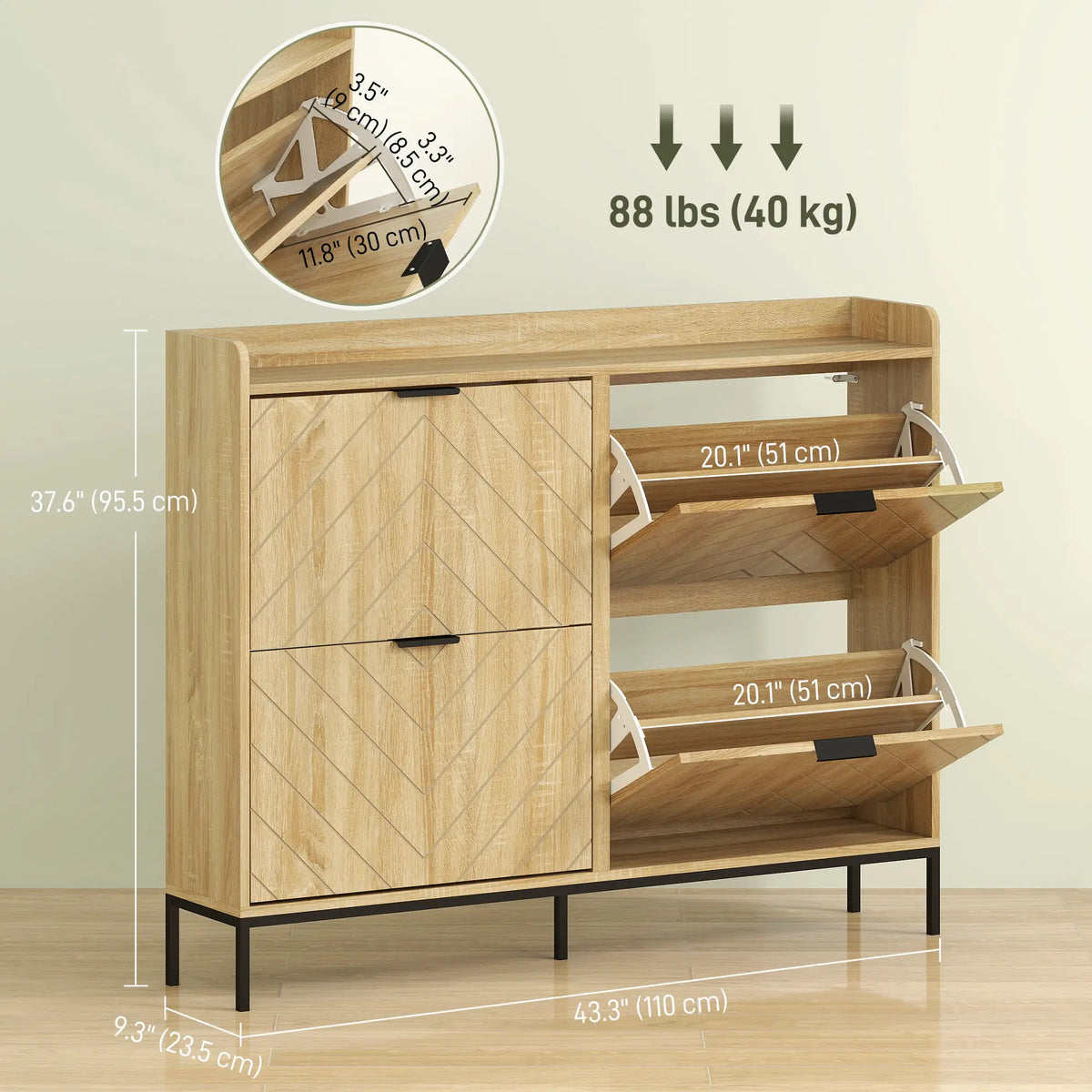 Narrow Shoe Storage Cabinet, 4 Flip Drawers, Holds 16 Pairs, Oak Shoe Storage Cabinets & Racks at Gallery Canada