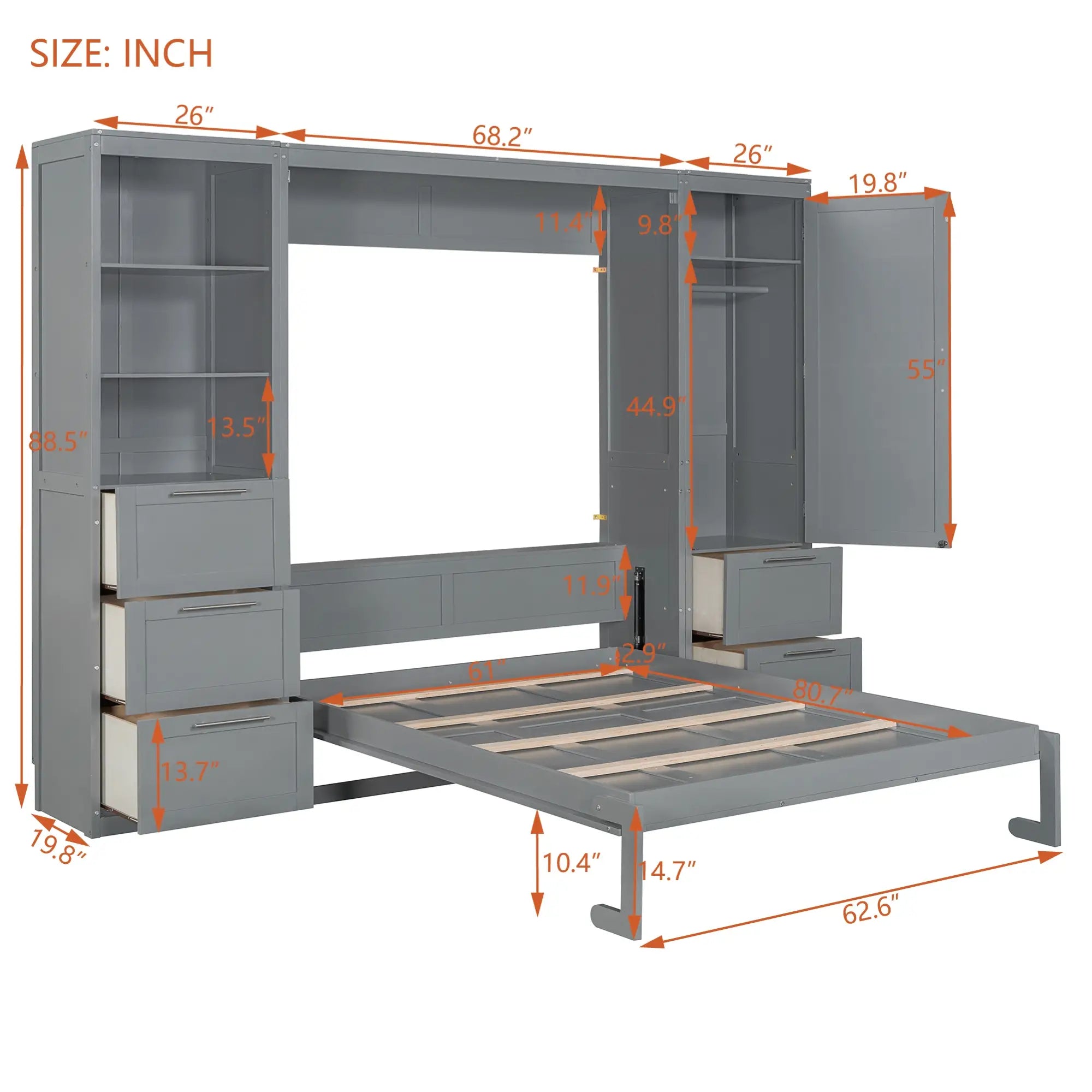 Murphy Bed with Closet, Drawers, Shelves, 120
