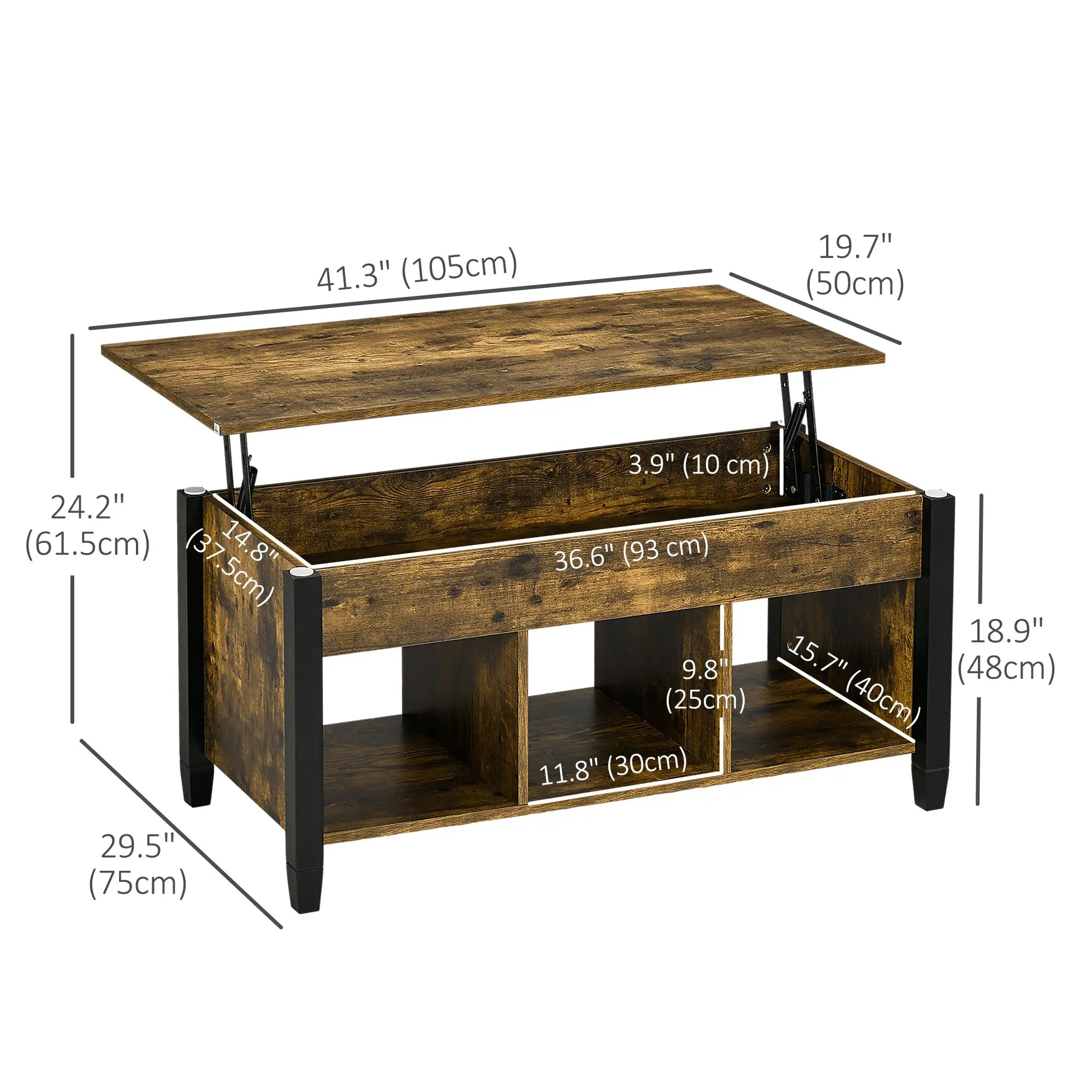 Lift Top Coffee Table, Hidden Storage, 3 Shelves, Rustic Brown Coffee Tables at Gallery Canada