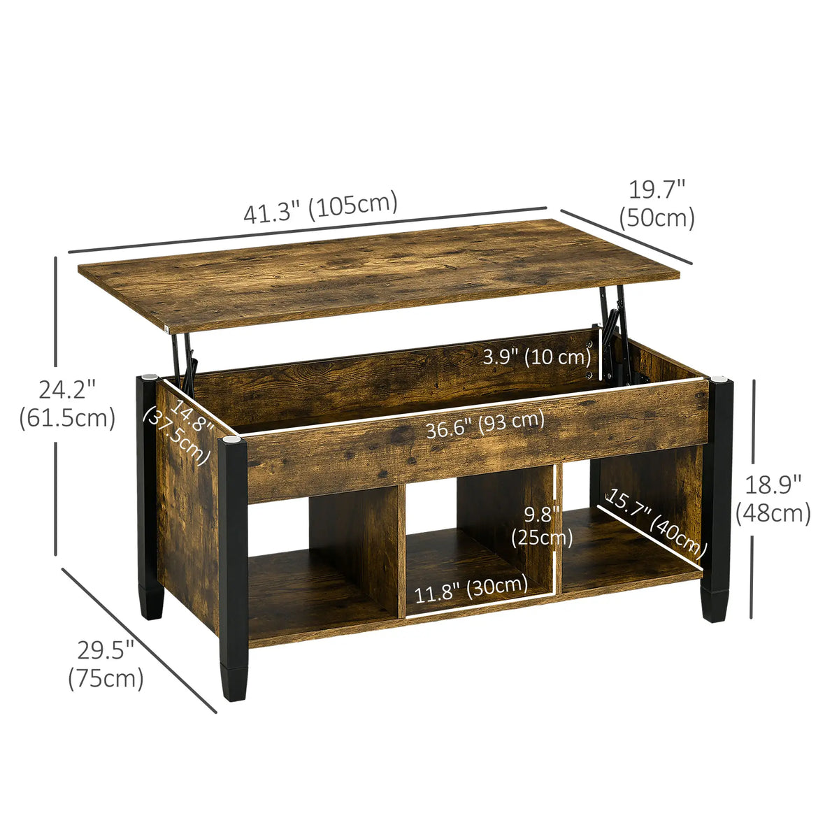 Lift Top Coffee Table, Hidden Storage, 3 Shelves, Rustic Brown Coffee Tables at Gallery Canada