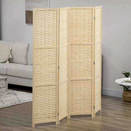 4-Panel Bamboo Room Divider, 5.6 FT, Natural Wood Privacy Screen
