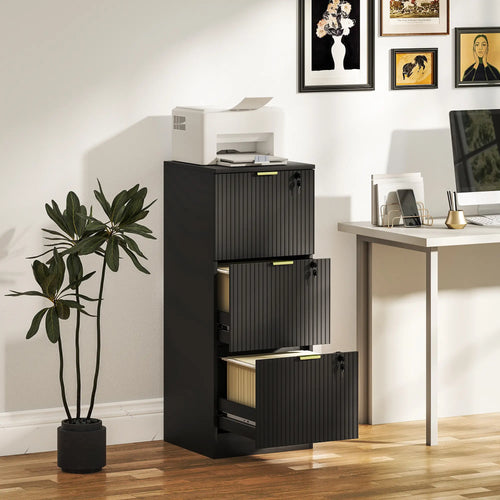 Lockable Filing Cabinet, 3 Fluted Drawers, Adjustable Hanging Rails, Black