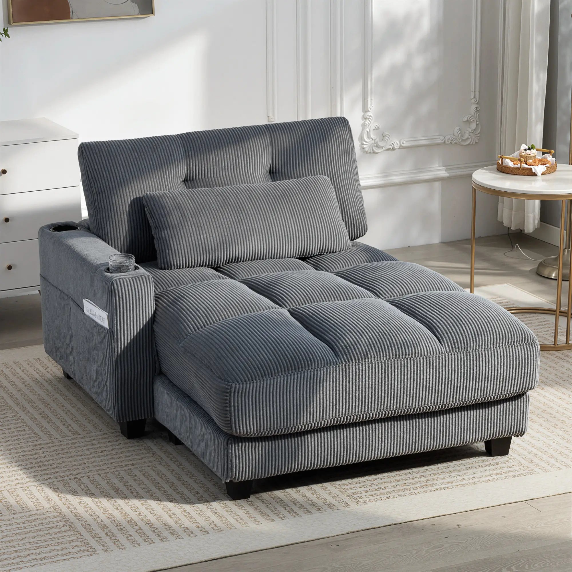 58 Inch Chaise Lounge, Oversized Corduroy Sofa Bed, Dark Grey Sofas & Reclining Chairs at Gallery Canada