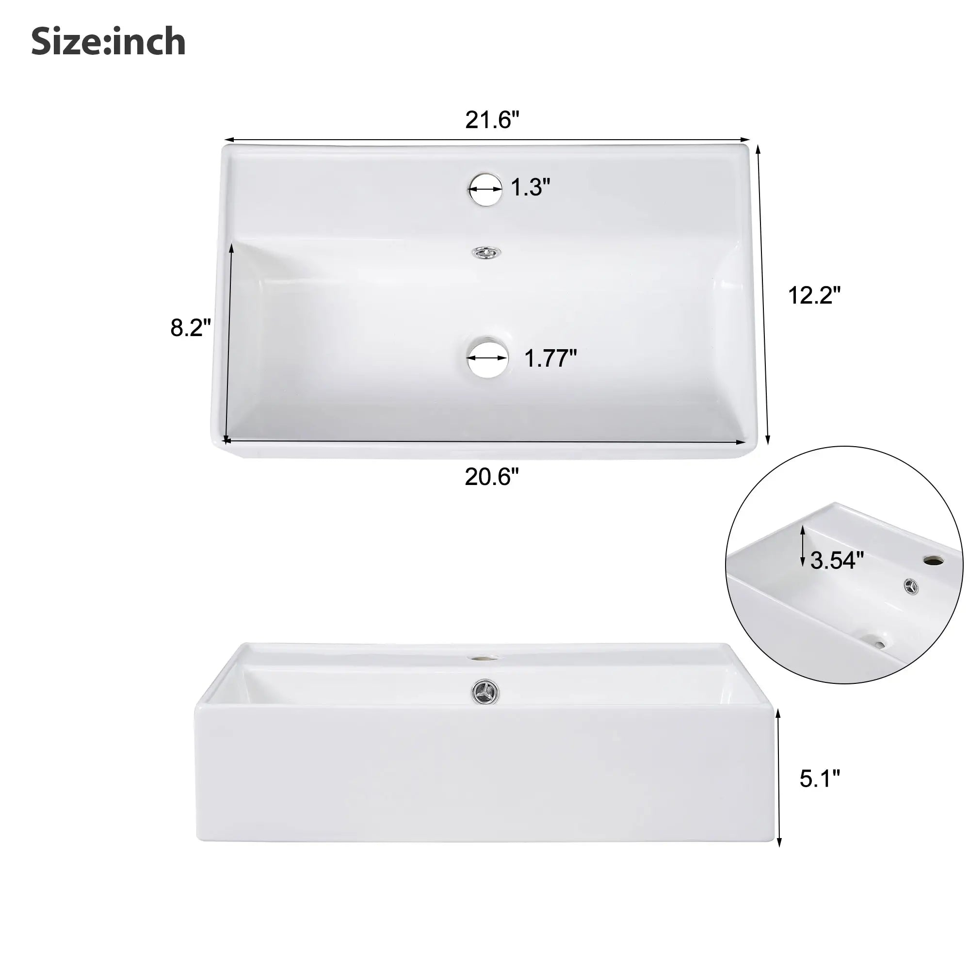 Floating Bathroom Vanity, Ceramic Basin, Side Storage, 21.5
