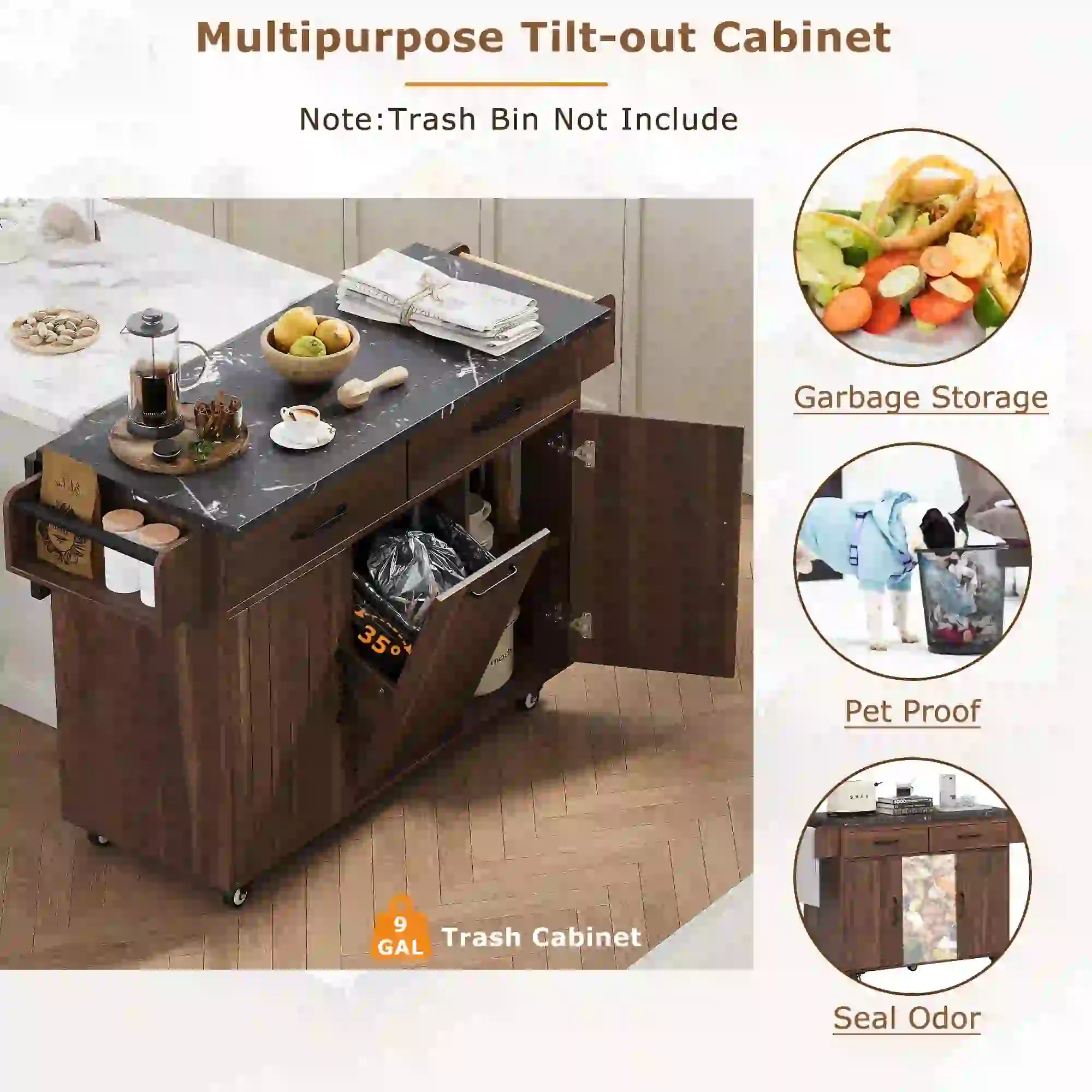 Adjustable Shelf Island, Trash Cabinet, Spice Rack, 51