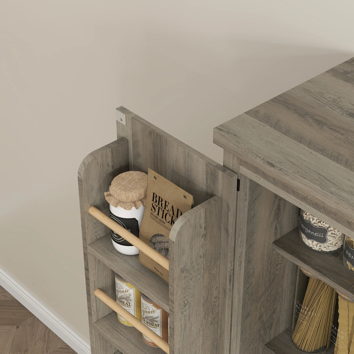 Farmhouse Kitchen Pantry Cabinet, 64" Freestanding with Drawers, Distressed Grey, Grey Kitchen Pantry Cabinets at Gallery Canada