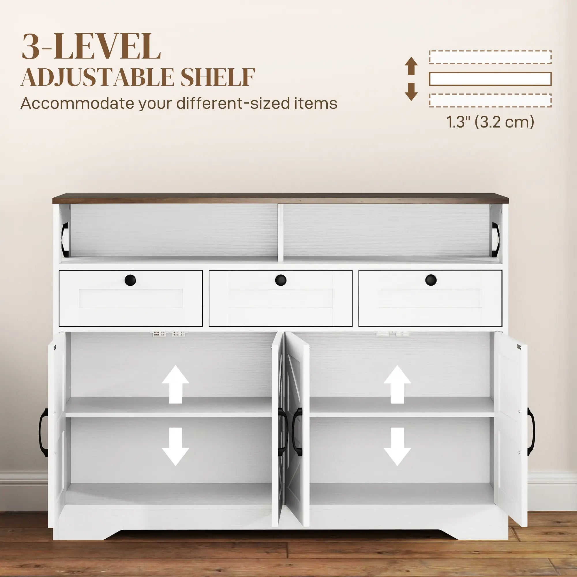 Sideboard, Buffet Cabinet with 4 Barn Doors, 3 Drawers, White Storage Cabinets at Gallery Canada