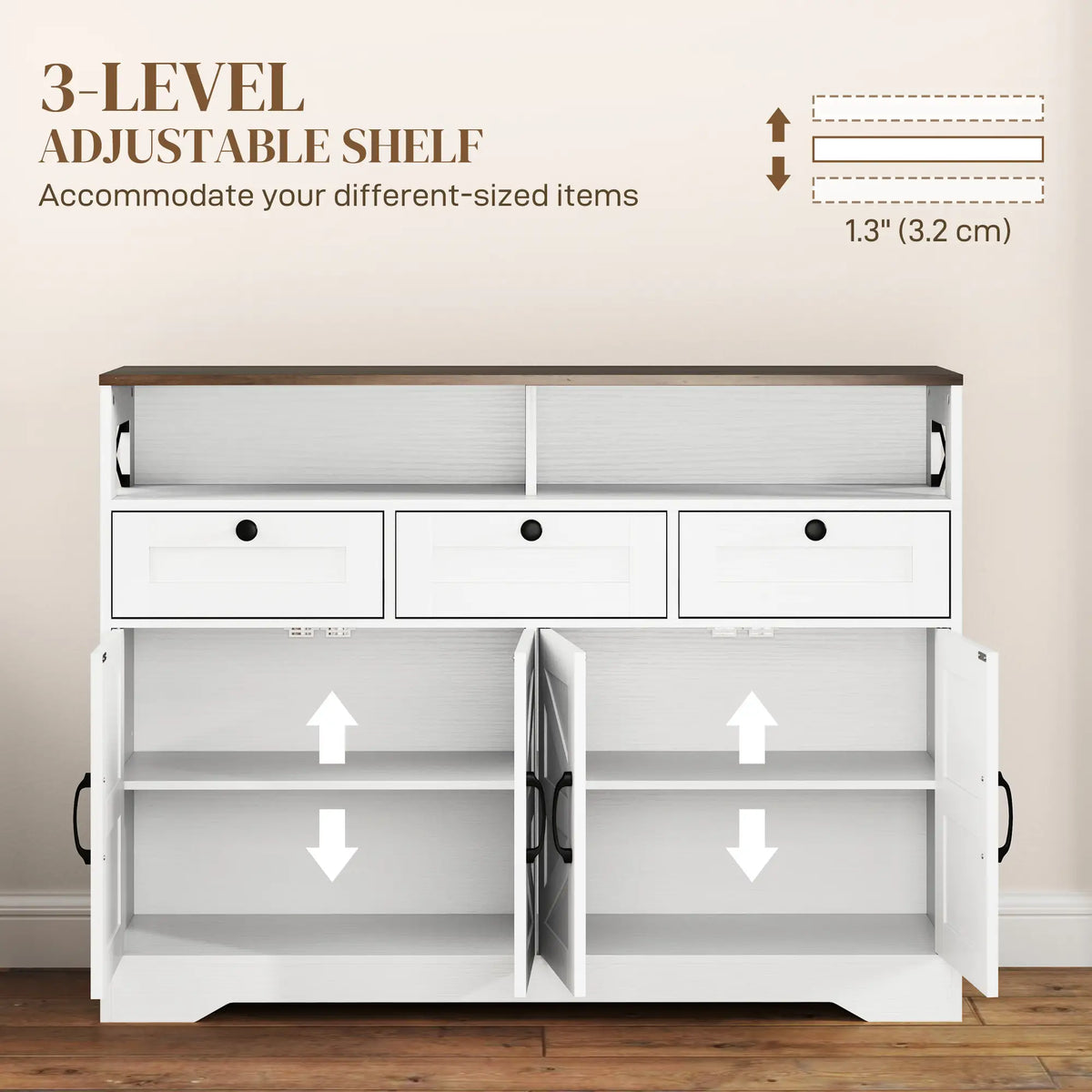Sideboard, Buffet Cabinet with 4 Barn Doors, 3 Drawers, White Storage Cabinets at Gallery Canada