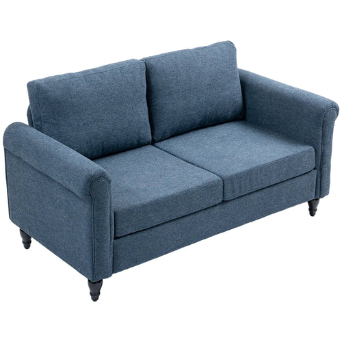 Vintage Loveseat, Fabric 2 Seater Sofa, Rolled Arms, Rubber Wood Legs, Dark Blue