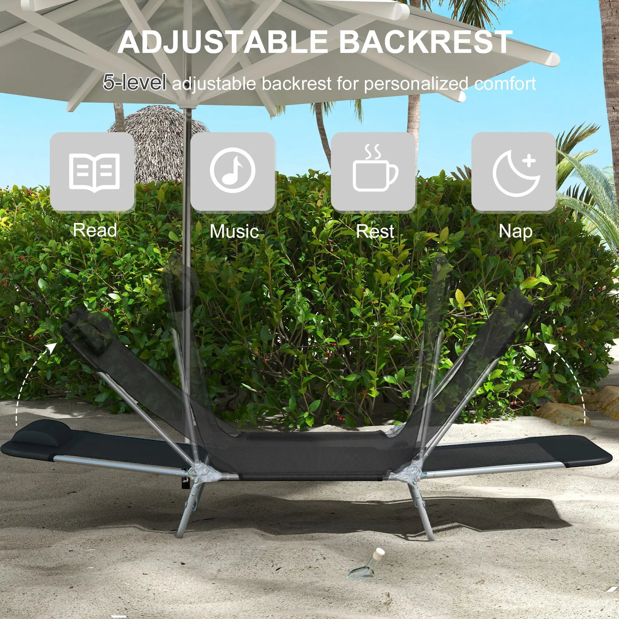 Folding Outdoor Lounge Chair Set, 2 Reclining Tanning Chairs, 5-Position Adjustable Backrest, Black Lounger Chairs at Gallery Canada