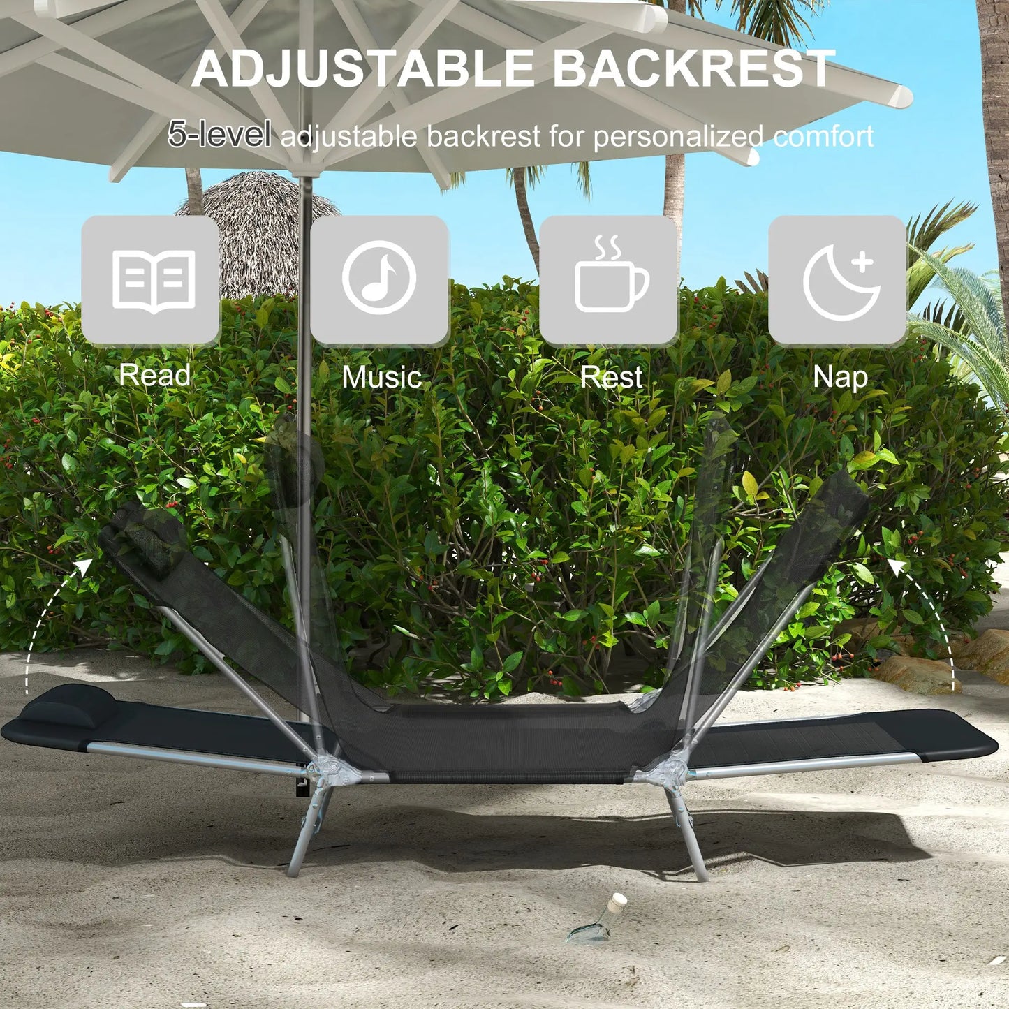 Folding Outdoor Lounge Chair Set, 2 Reclining Tanning Chairs, 5-Position Adjustable Backrest, Black Lounger Chairs at Gallery Canada