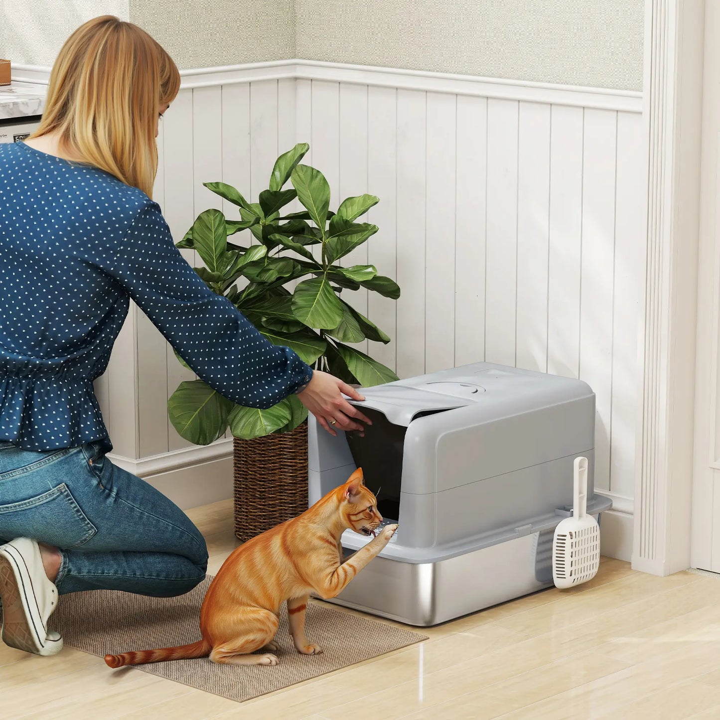 Stainless Steel Cat Litter Box, Removable Lid & Scoop, Grey Cat Litter Box Enclosures at Gallery Canada