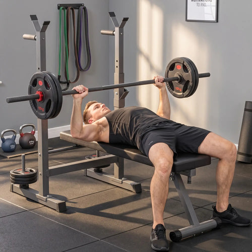 Adjustable Weight Bench, Foldable with Barbell Rack, Dip Station, Black and Grey
