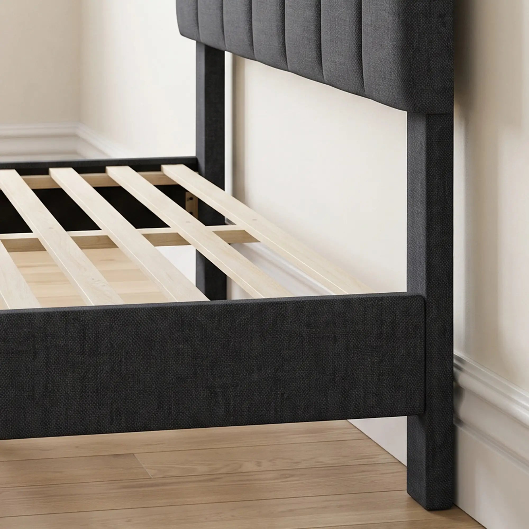 Queen Size Bed Frame, Upholstered Platform, Adjustable Headboard, Dark Grey, Dark Grey Bed Frames at Gallery Canada