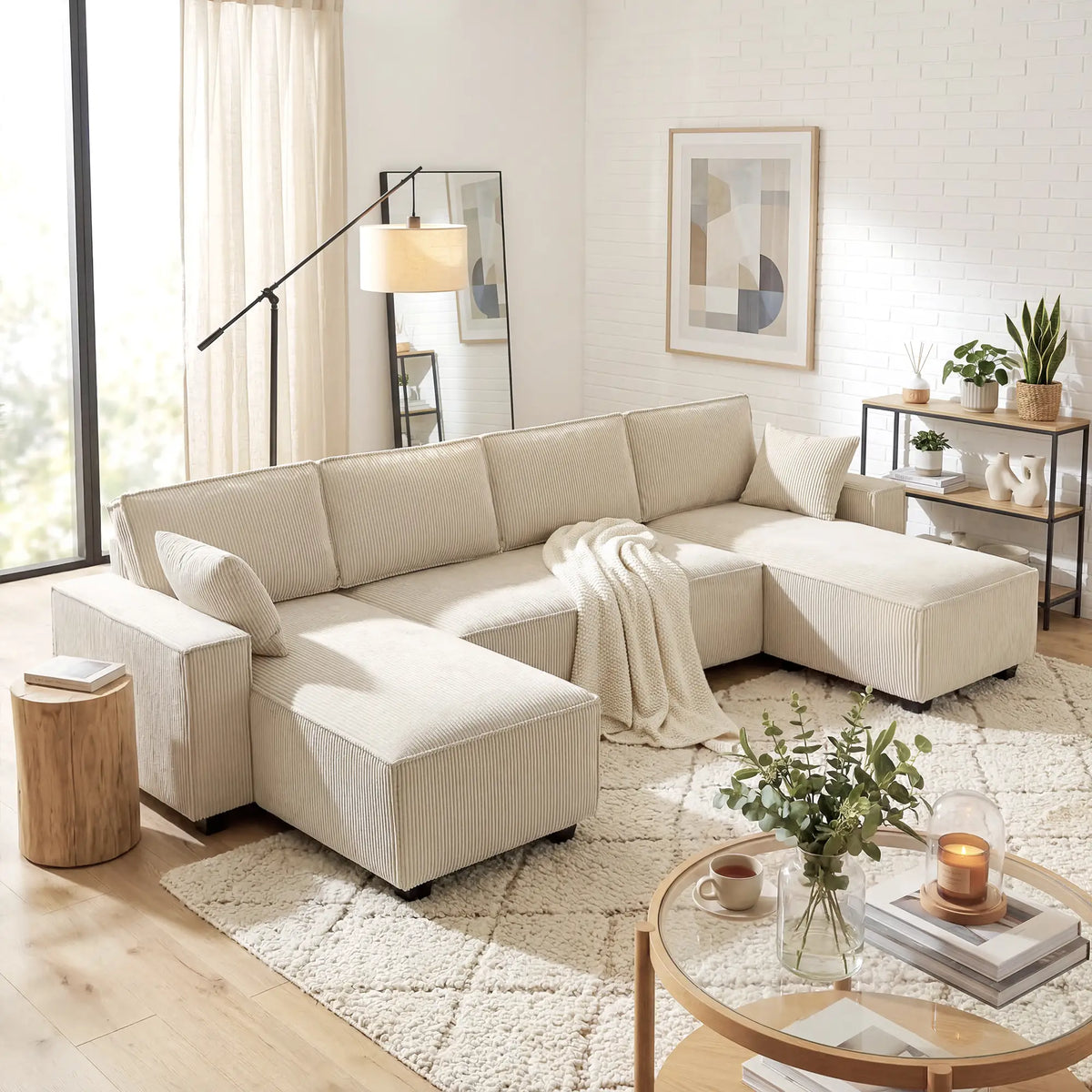 Modular U Shaped Sectional Sofa, Double Chaises, Spring Cushions, Beige