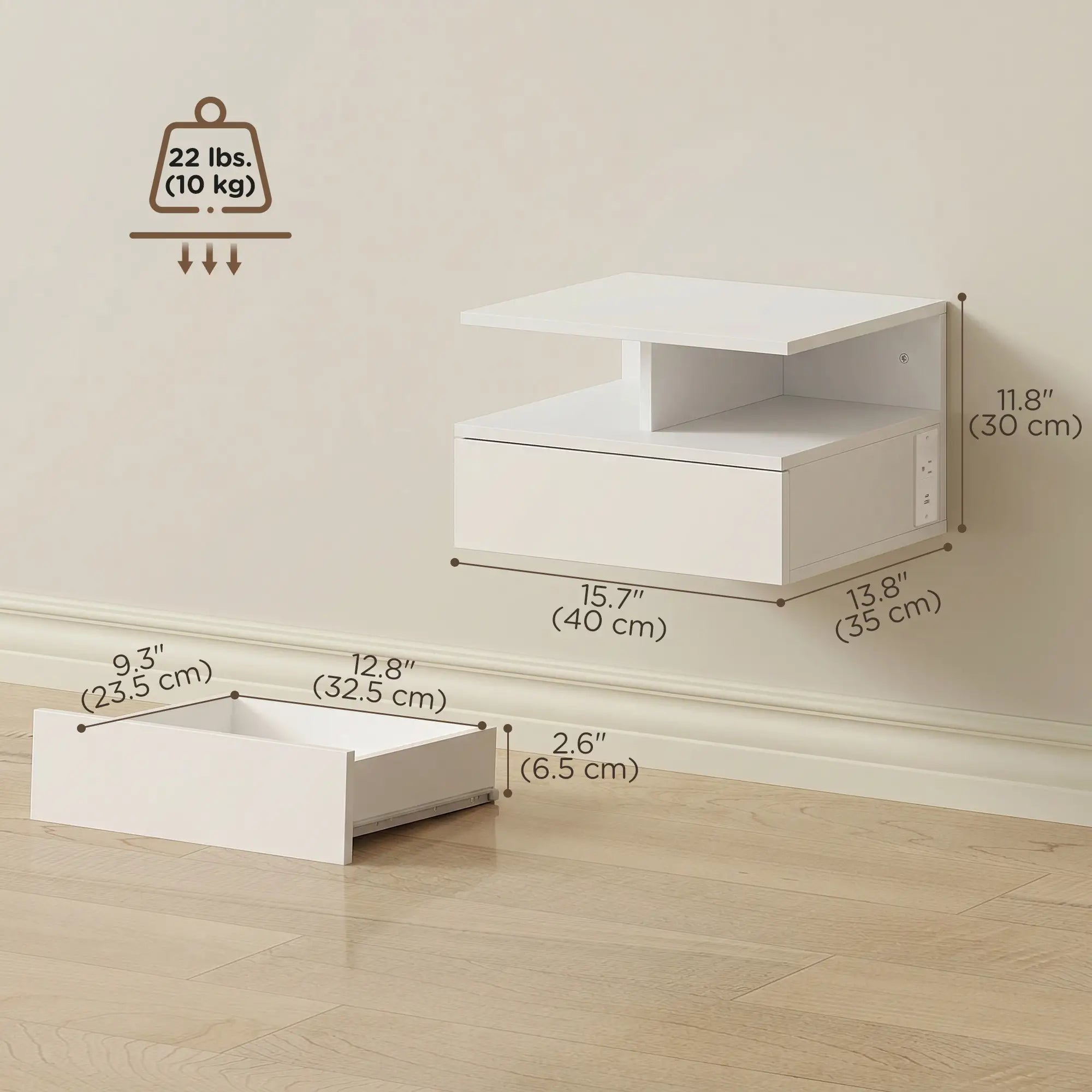 Floating Nightstand Set of 2, Wall Mounted Bedside Table with with Power Outlets, Drawer and Shelf, White Bedside Tables at Gallery Canada