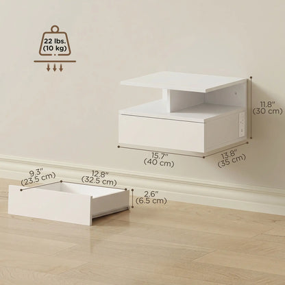 Floating Nightstand Set of 2, Wall Mounted Bedside Table with with Power Outlets, Drawer and Shelf, White Bedside Tables at Gallery Canada