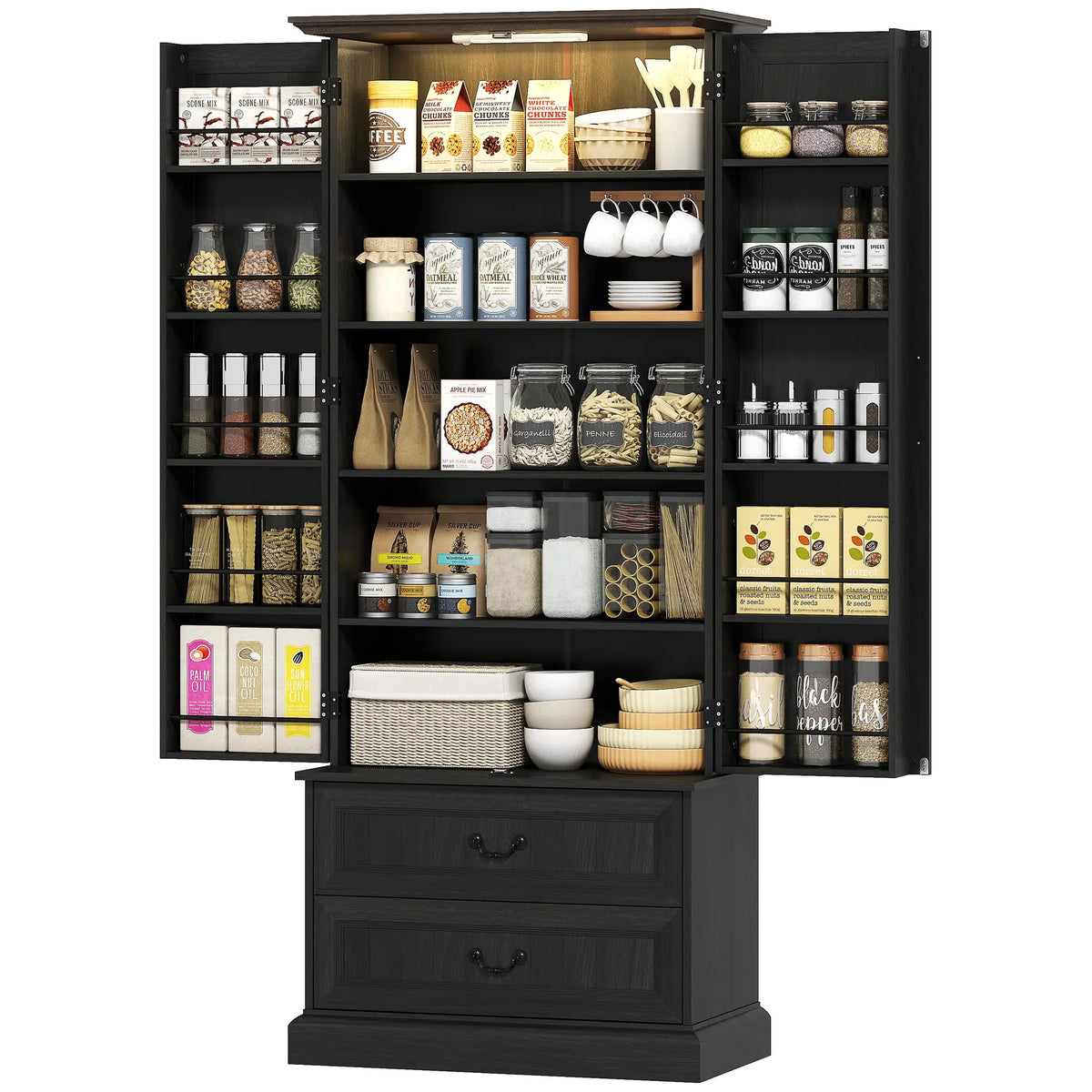 72 Inch LED Kitchen Pantry Cabinet, 10 Shelves, 2 Drawers, Black Kitchen Pantry Cabinets Black, Brown at Gallery Canada