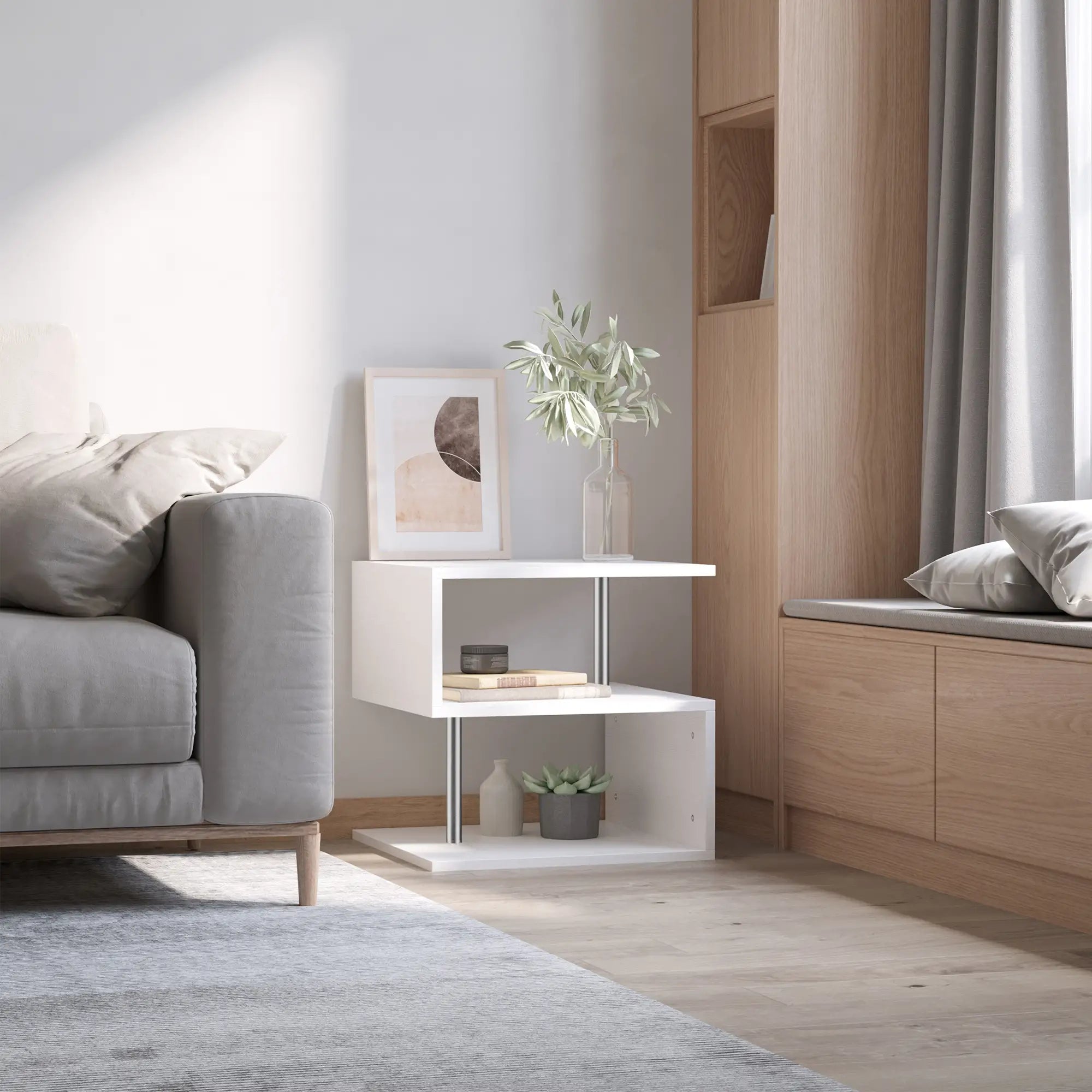 Wooden S Shape End Table, 3 Tier Storage Shelves, White Side Tables at Gallery Canada