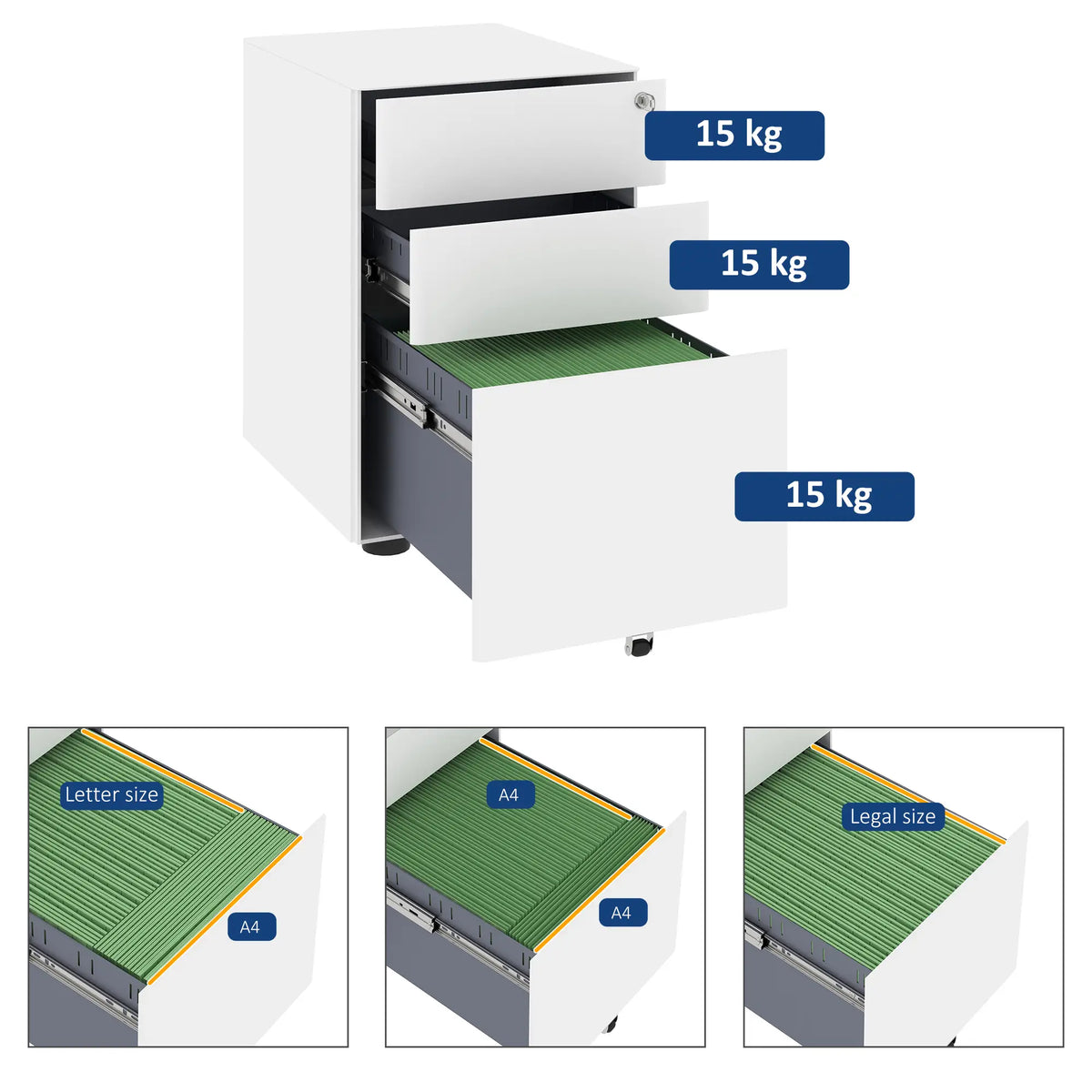 3 Drawer Filing Cabinet, Steel Office Storage with Wheels, Lock, White Office Cabinets & Cupboards at Gallery Canada
