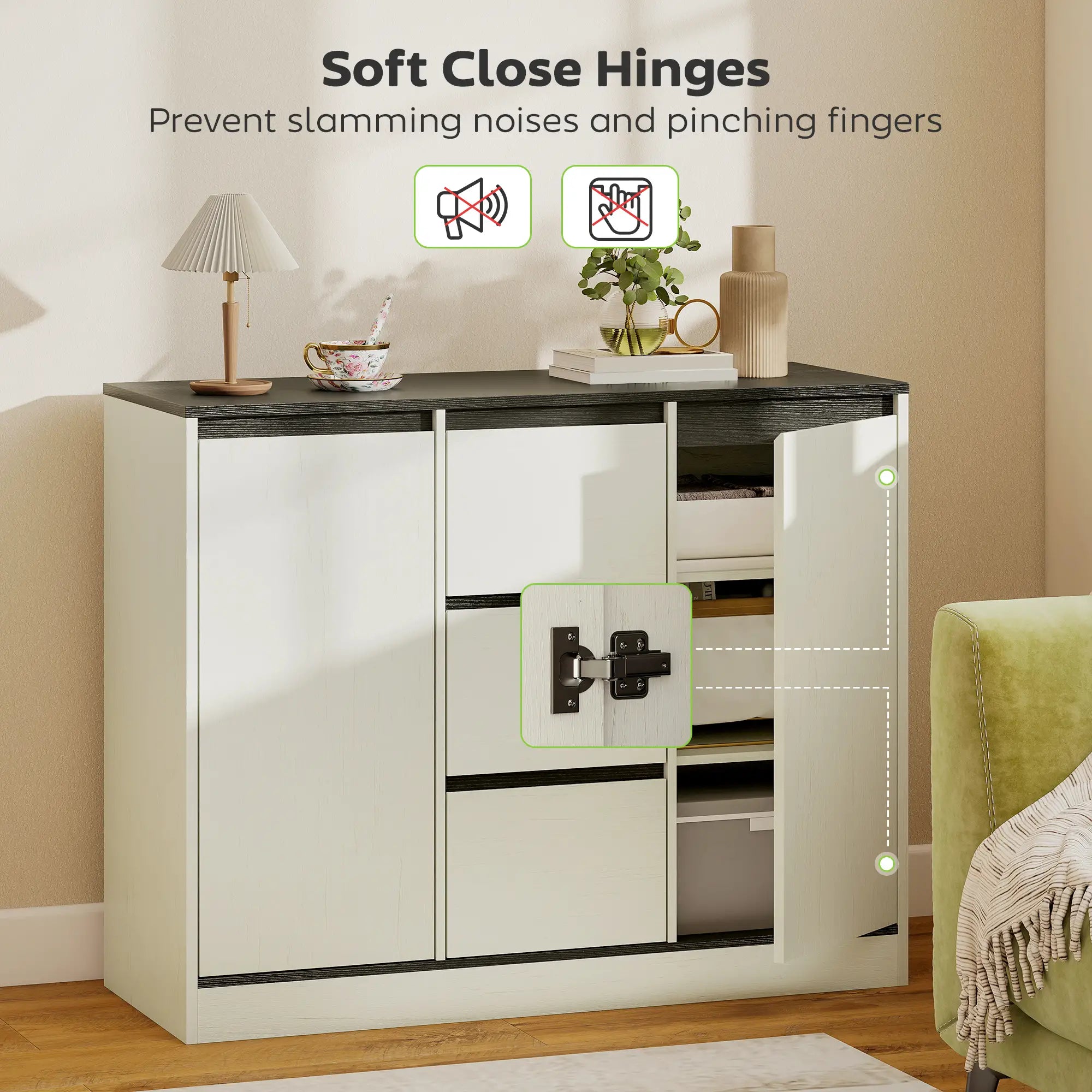 Buffet Cabinet, Soft Close Hinges, 3 Drawers, 2 Shelves, White Wood Grain Storage Cabinets at Gallery Canada