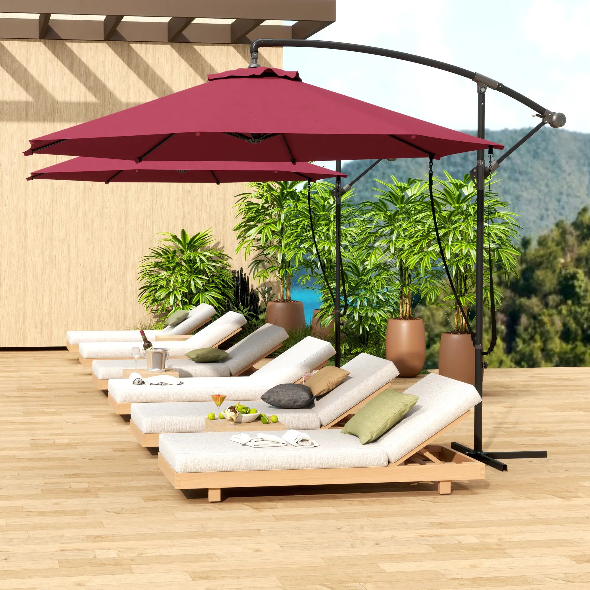 9.5' Cantilever Umbrella, Wind Protection, Crank, Cross Base, UPF 50+, Red Offset Cantilever Umbrellas at Gallery Canada