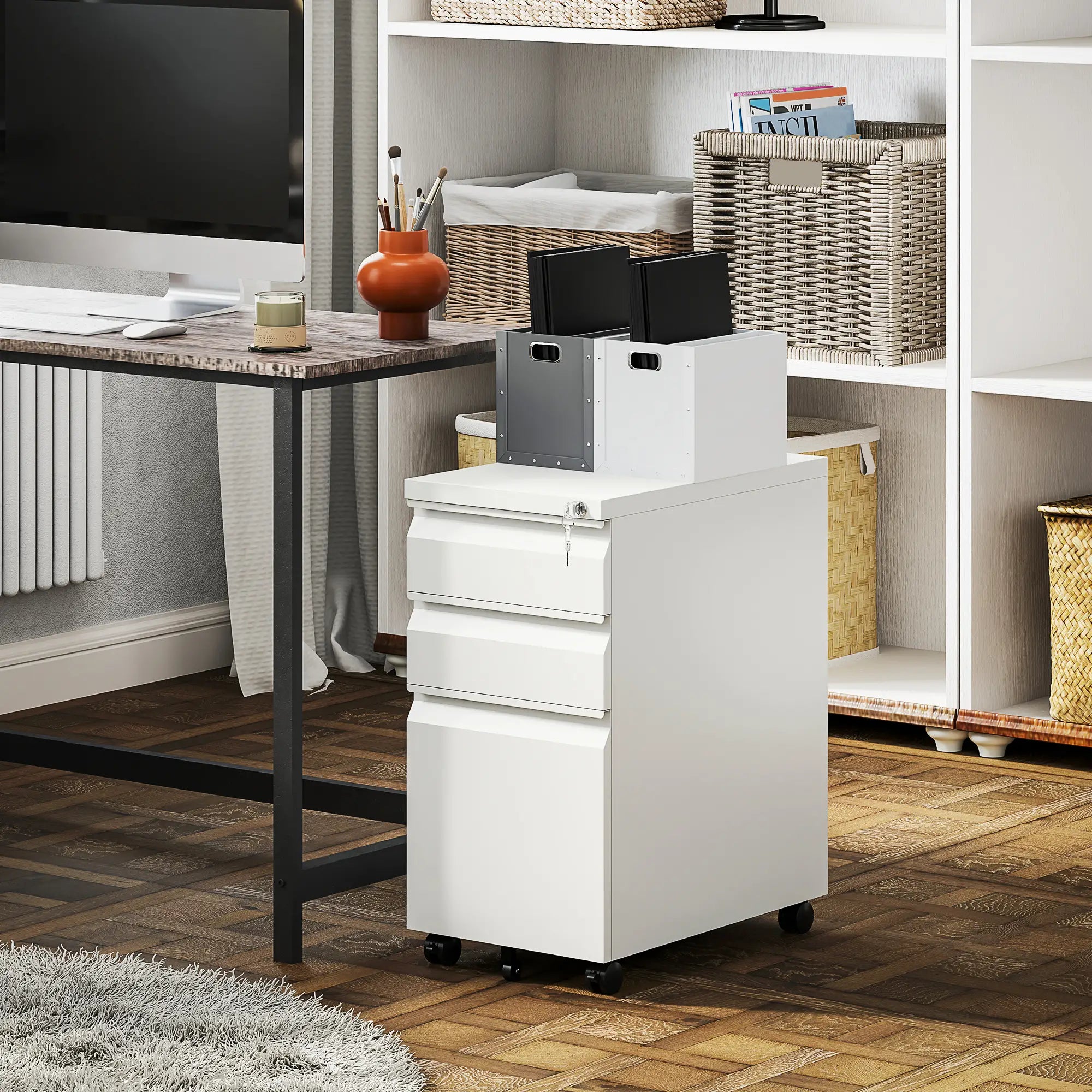 3 Drawer Steel Filing Cabinet with Lock, Hanging Bar, White Office Cabinets & Cupboards at Gallery Canada