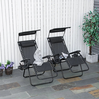 2 Piece Foldable Lounge Chair with Canopy Shade, Outdoor Zero Gravity Chair w/ Side Tray &; Cup Holder, Reclining Lounger w/ Breathable Mesh Fabric Seat, Pillow, Black Lounger Chairs at Gallery Canada