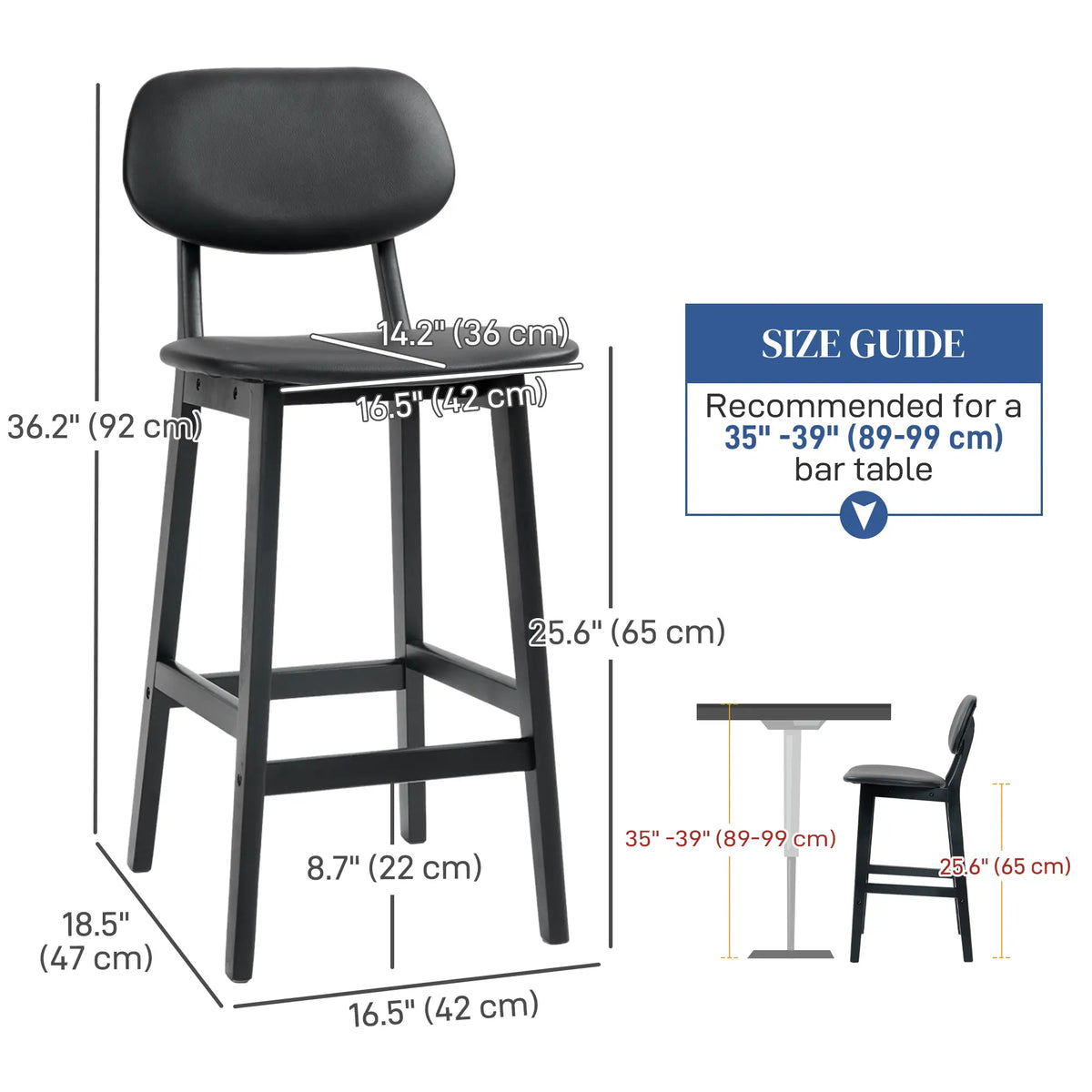PU Leather Bar Stools Set of 2, Counter Height with Footrest, Solid Wood Legs, Black Bar Stools at Gallery Canada