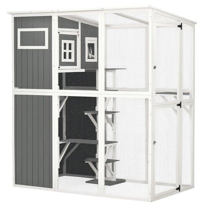Wooden Cat Catio, 66.5"L Outdoor Cat House, PVC Roof, Multiple Platforms Outdoor Cat Enclosures White, Dark Gray at Gallery Canada