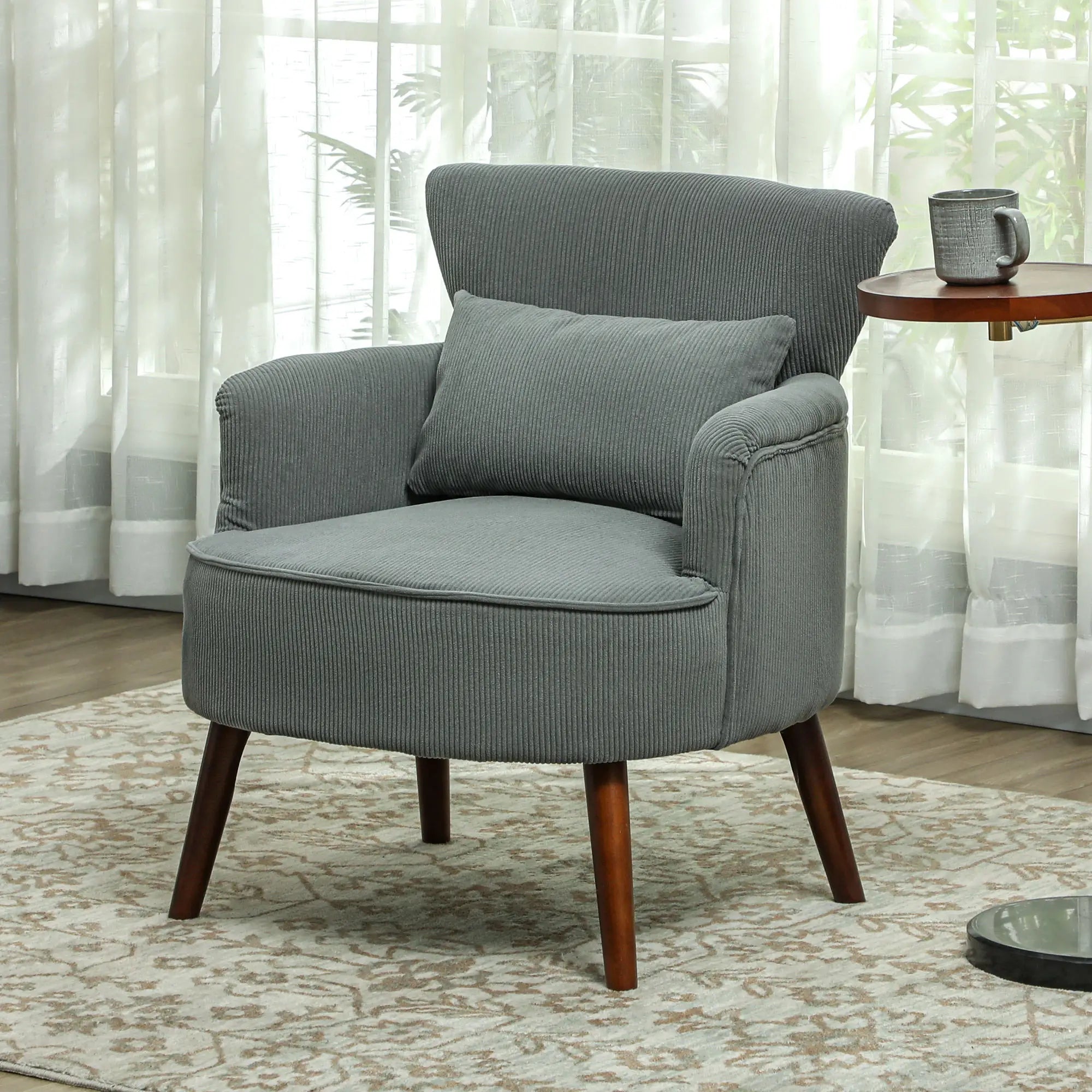 Modern Accent Chair, Upholstered Armchair, Solid Wood Legs, Lumbar Pillow, Grey Accent Chairs at Gallery Canada