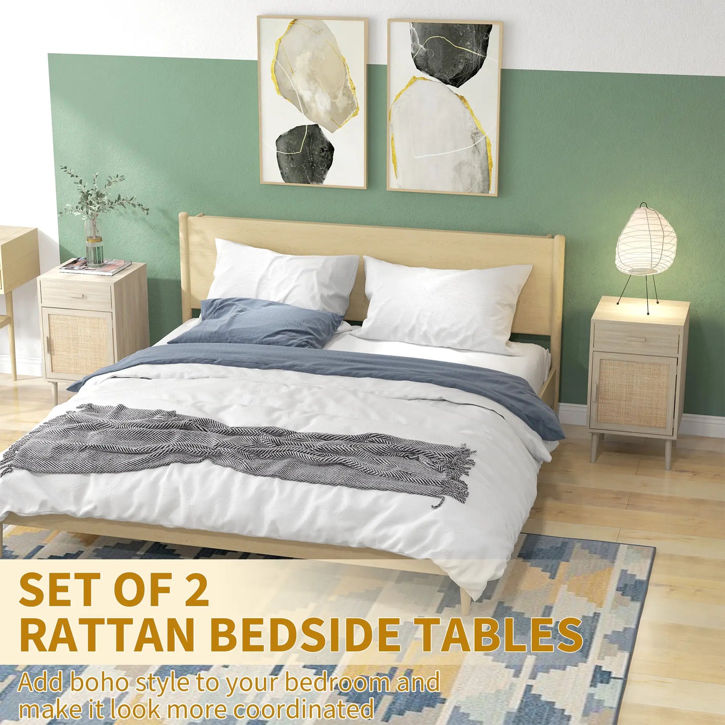 Boho Bedside Tables Set of 2, Nightstands with Drawer, Rattan Cabinet, Oak Bedside Tables at Gallery Canada