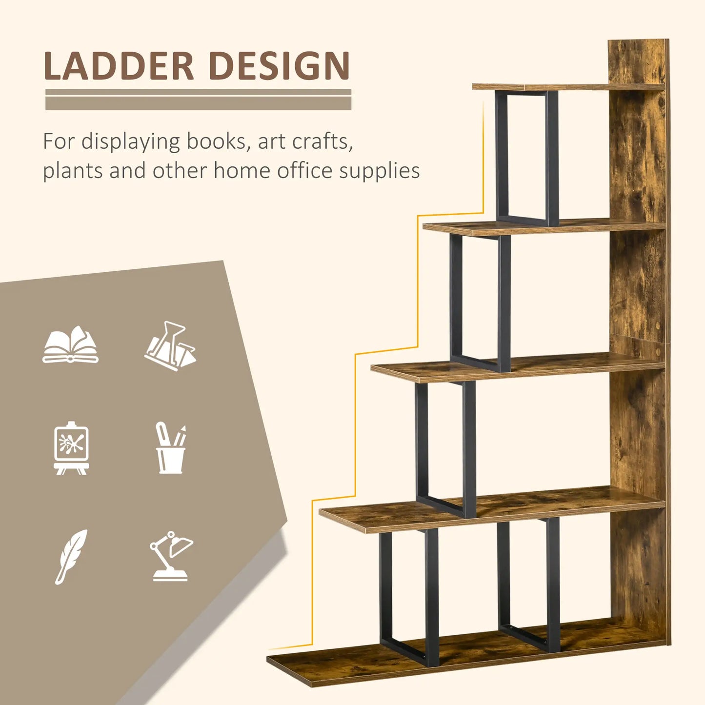 Industrial Bookcase, 5-Tier Wooden Ladder Shelf, Rustic Brown Display Bookshelves at Gallery Canada