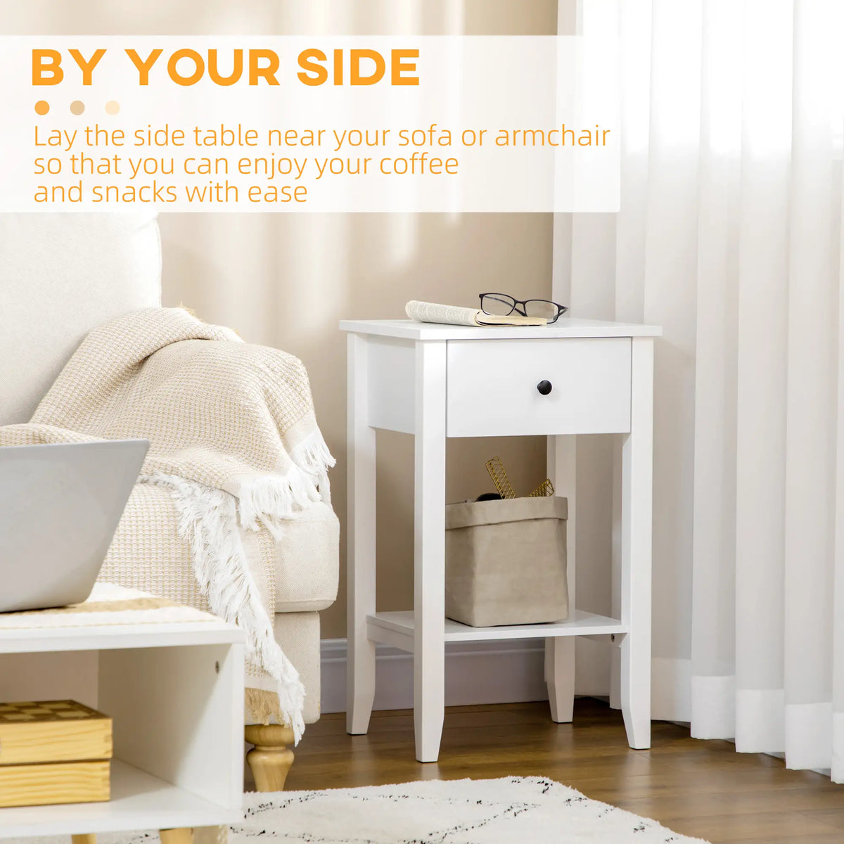 HOMCOM Side Table Set of 2 with Drawer, Shelf, Nightstand, White Side Tables at Gallery Canada