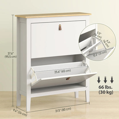 Narrow Shoe Cabinet, 2 Flip Drawers, Adjustable Shelves, Holds 10-14 Pairs, White Shoe Storage Cabinets & Racks at Gallery Canada