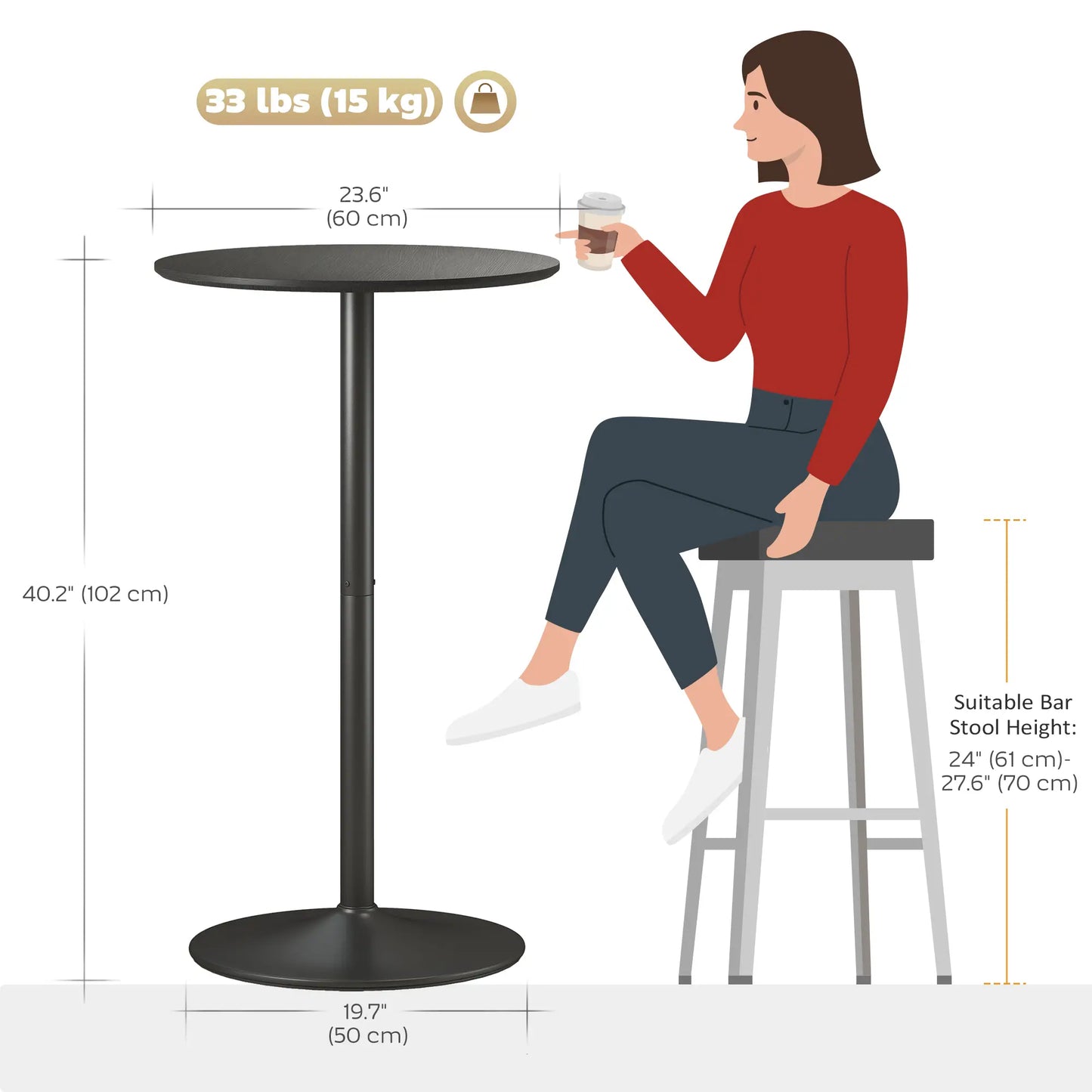 Round Table for 2, 40.2 Inch, Steel Frame, Non-Slip Base, Black Bar Tables at Gallery Canada