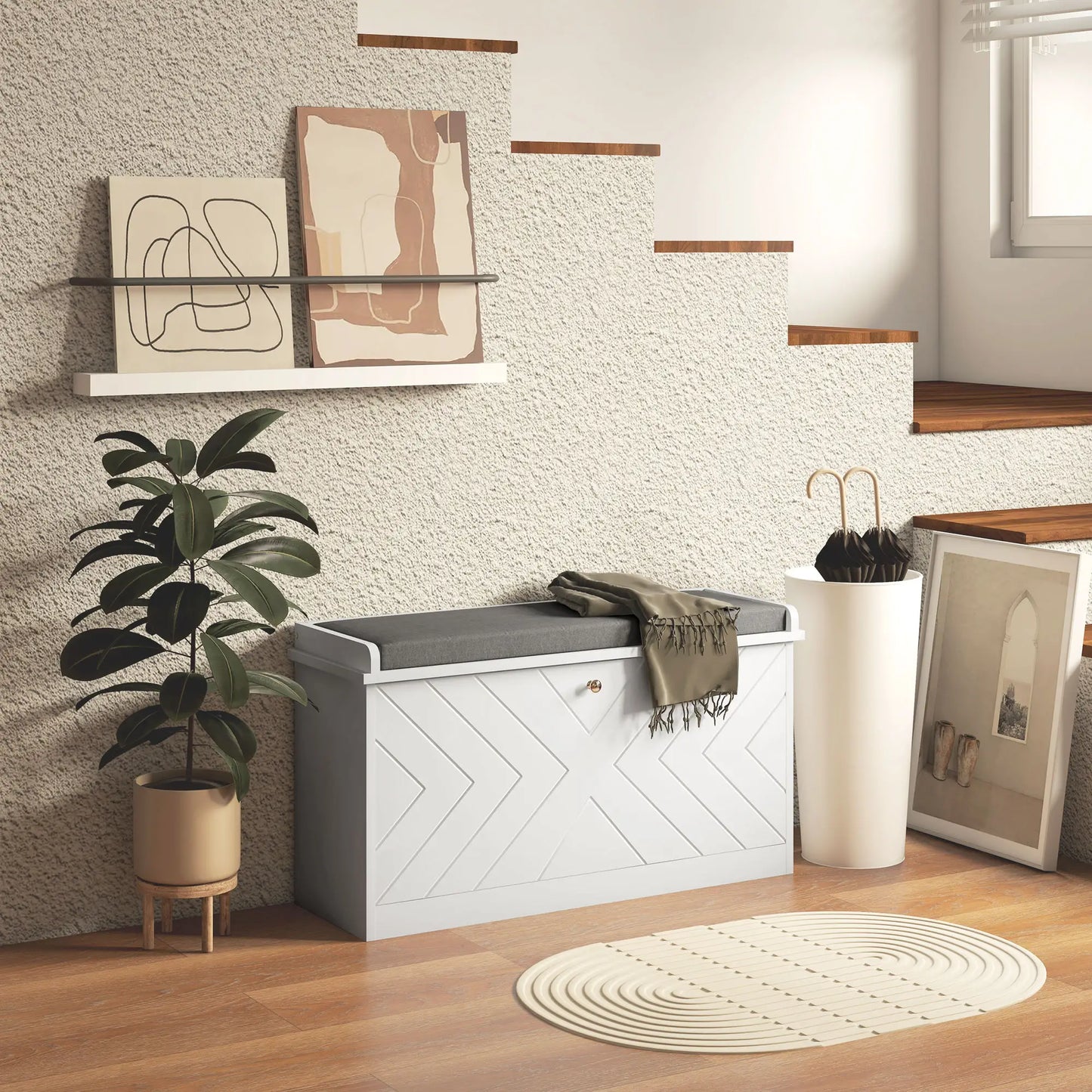 Shoe Storage with Seat, Upholstered Hallway Bench, Shoe Bench with Flip Drawer, Adjustable Shelf for 8 Pairs of Shoes Shoe Storage Cabinets & Racks at Gallery Canada