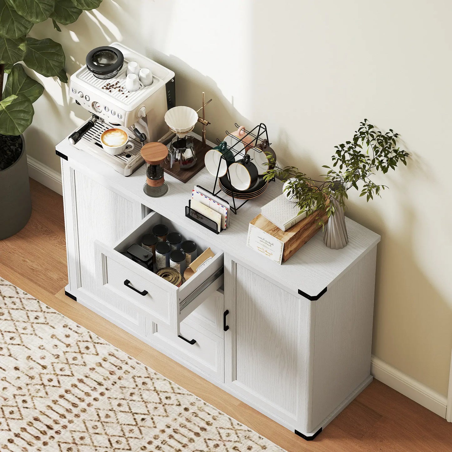 Sideboard With 3 Drawers, 2 Doors, 47" Buffet Cabinet, White Wood Grain, White Storage Cabinets at Gallery Canada