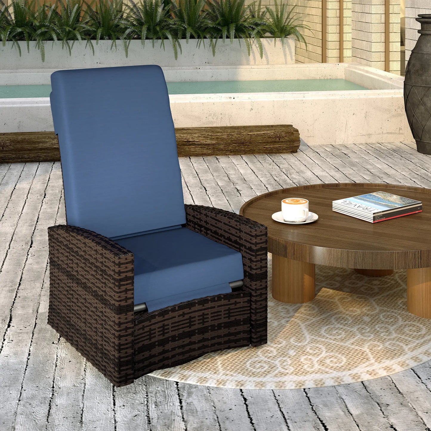Outdoor Rattan Wicker Lounge Chair with Footrest &; Soft Cushion for Patio, Garden, Backyard, Dark Blue Patio Chairs at Gallery Canada