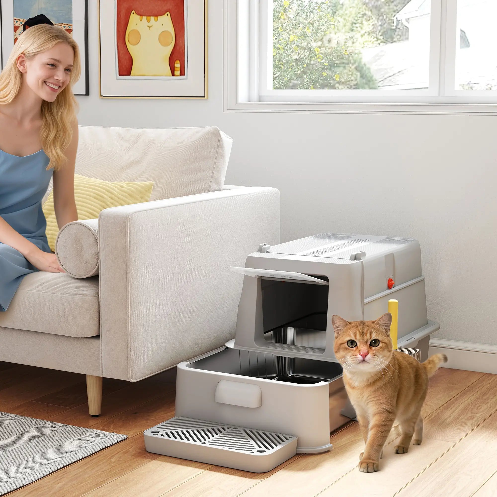 80L XL Stainless Steel Cat Litter Box, Flip Cover, Pull-Out Drawer, High Sided, Pedal, Light Grey Cat Litter Box Enclosures at Gallery Canada