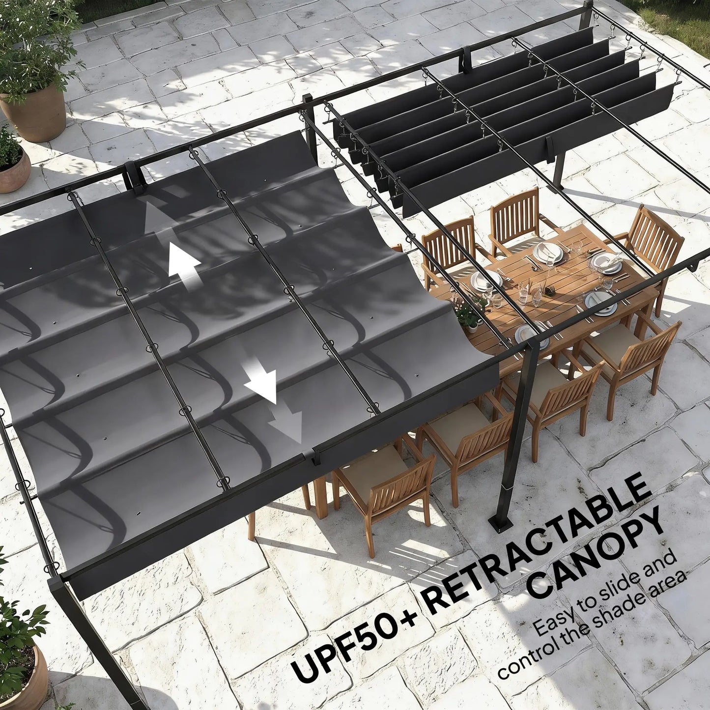 19' x 10' Dark Grey Pergola, Retractable Canopy, UV50+ Sun Shade, Dark Grey Pergolas at Gallery Canada