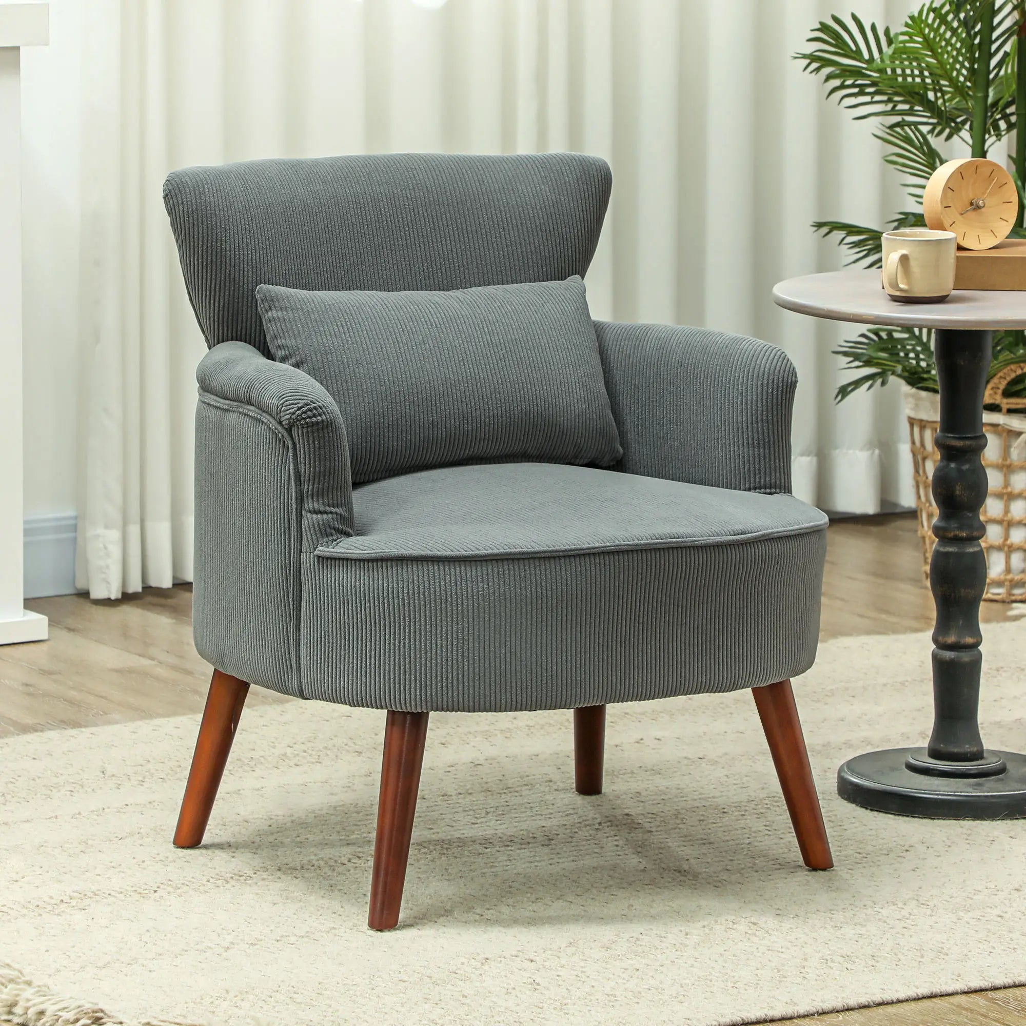 Modern Accent Chair, Upholstered Armchair, Solid Wood Legs, Lumbar Pillow, Grey Accent Chairs at Gallery Canada